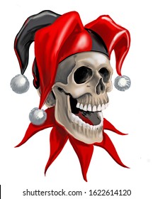 Human skull in jester hat. Digital illustration