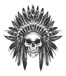 Human Skull In Native American Indian War Bonnet Drawn In Tattoo Style.  Illustration.