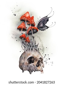 Human Skull With Poisonous Fly Agaric. Amanita Mushroom, The Symbol Of Death. Black Butterfly. Horror Gothic Red And Black Watercolor Illustration. Halloween Poster, Wall Art Print Illustration