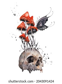 Human Skull With Poisonous Fly Agaric. Amanita Mushroom, The Symbol Of Death. Black Butterfly. Horror Gothic Red And Black Watercolor Illustration. Halloween Poster, Wall Art Print Illustration