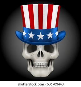 Human skull with Uncle Sam hat on head. USA Art Illustration isolated on background