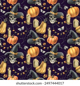 Human skulls in a black witch hat, orange pumpkins, cobwebs, candles and autumn maple leaves. Hand drawn watercolor illustration for Halloween. Seamless pattern on a dark background - Powered by Shutterstock