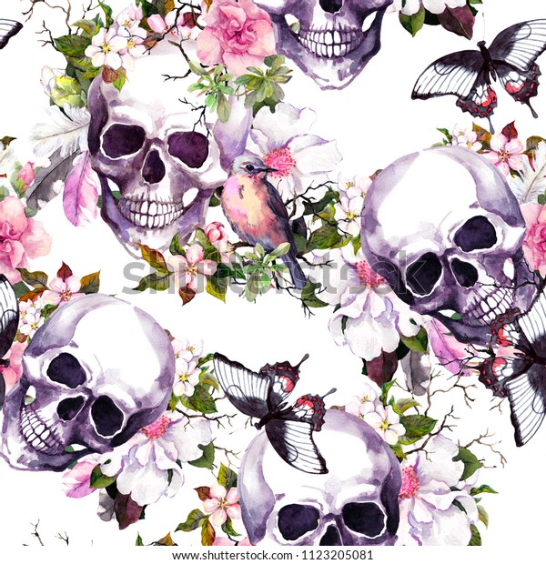 Human Skulls Flowers Butterflies Seamless Pattern Stock Illustration ...