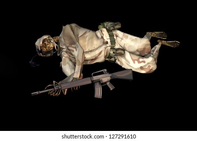 Human Soldier Skeleton after War. 3D Computer Graphic.