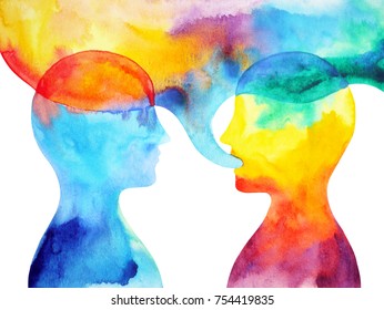 human speaking and listening power of mastermind together world universe inside your mind, watercolor painting hand drawn