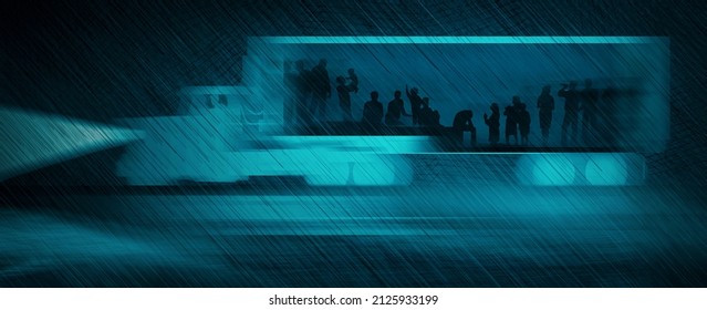 Human Trafficking Is The Subject Of This 3-d Illustration Of People Being Transported In The Back Of A Tractor Trailer Truck. People Are Visible As If Being Observed By X-ray Or Heat Signatures.