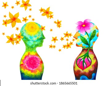 human two persons listen speak speech abstract art mind spiritual mental health therapy watercolor painting illustration design drawing