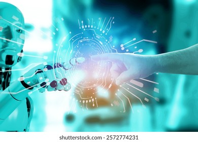 human working with artificial intelligence on security data system online , technology concept