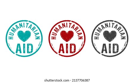 Humanitarian Aid Stamp Icons In Few Color Versions. Help Refugees, Volunteering And Rescue During The Crisis Concept 3D Rendering Illustration.