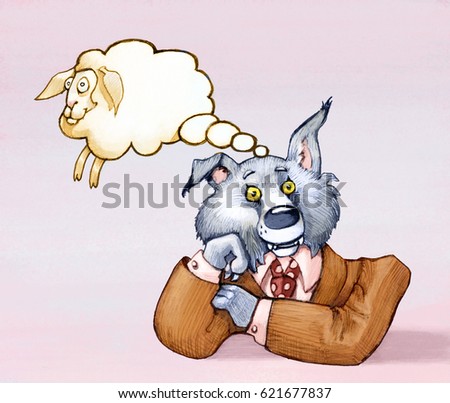 a humanized wolf thinks and his thoughts turn into a sheep