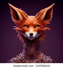 Human-like Fox Portrait In Dragon Costume, Fox Detail In Dragon Armor, Fox Face Body, Cool Design Of Fox Costume, 3D Illustration.