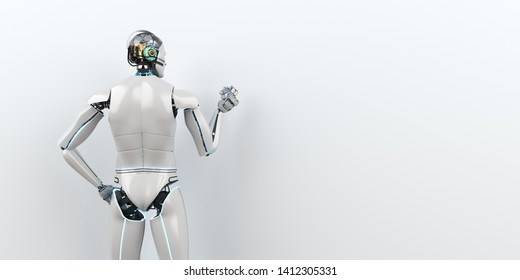 Humanoid robot as advisor in front of a white board. 3d illustration.