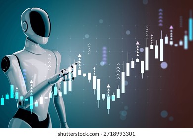 Humanoid robot analyzing forex chart with glowing candlestick graph on abstract digital background. Concept of AI in financial data automation. 3D Rendering