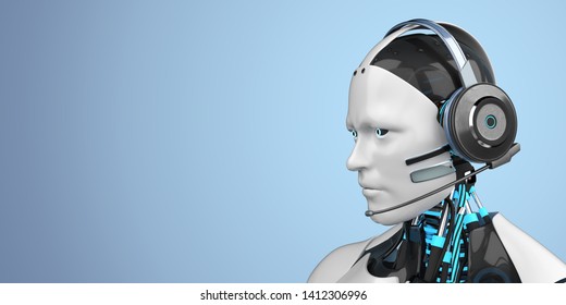 Humanoid robot as a callbot with a headset. 3d illustration.