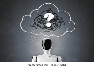 Humanoid robot facing chalk-drawn cloud with question mark icon and scribbles on dark background, symbolizing AI confusion and chatbot query concept. 3D Rendering