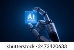 Humanoid Robot Hand with Glowing Futuristic Processor on Dark Background. Metal Hand of Humanoid Robot is Holding Innovative and Advanced AI Accelerated Chip. Artificial Intelligence Microchip