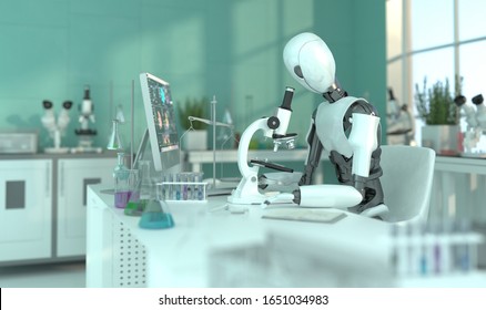 A humanoid robot in a laboratory works with a microscope. Scientific experiments. Future concept with smart robotics and artificial intelligence. 3D rendering