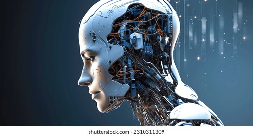 humanoid robot on white isolated. data network connection background. vector illustration.