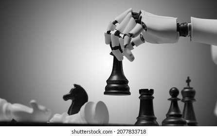 Humanoid robot is playing chess. Artificial intelligence concept. 3D rendered illustration.