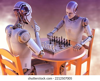 Humanoid Robot Playing Chess, Conceptual 3D Illustration. Sicilian Defence Chess Opening. Artificial Intelligence, Futuristic Chess Game. Chess Computer Training Concept