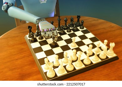 Humanoid Robot Playing Chess, Conceptual 3D Illustration. Sicilian Defence Chess Opening. Artificial Intelligence,