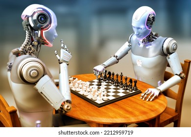 Humanoid Robot Playing Chess, Conceptual 3D Illustration. Sicilian Defence Chess Opening. Artificial Intelligence, Futuristic Chess Game. Chess Computer Training Concept