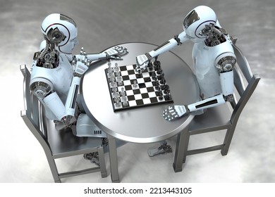 Humanoid Robot Playing Chess, Conceptual 3D Illustration. Sicilian Defence Chess Opening. Artificial Intelligence, Futuristic Chess Game. Chess Computer Training Concept