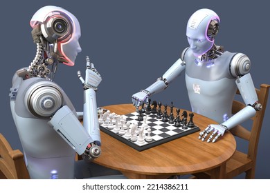 Humanoid Robot Playing Chess, Conceptual 3D Illustration. Sicilian Defence Chess Opening. Artificial Intelligence, Futuristic Chess Game. Chess Computer Training Concept