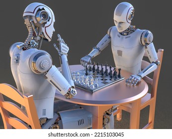 Humanoid Robot Playing Chess, Conceptual 3D Illustration. Sicilian Defence Chess Opening. Artificial Intelligence, Futuristic Chess Game. Chess Computer Training Concept