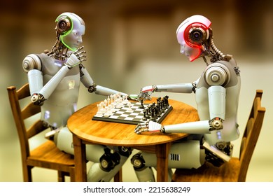 Humanoid Robot Playing Chess, Conceptual 3D Illustration. Sicilian Defence Chess Opening. Artificial Intelligence, Futuristic Chess Game. Chess Computer Training Concept