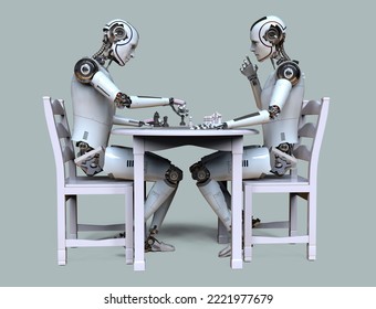 Humanoid Robot Playing Chess, Conceptual 3D Illustration. Sicilian Defence Chess Opening. Artificial Intelligence, Futuristic Chess Game. Chess Computer Training Concept