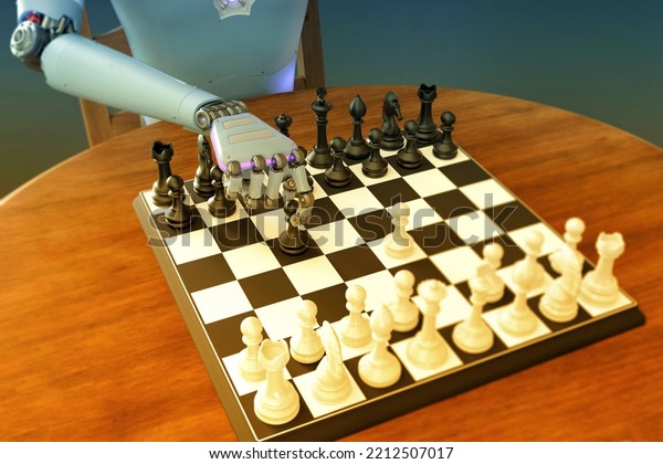Humanoid robot\
playing chess, conceptual 3D illustration. Sicilian defence chess\
opening. Artificial\
intelligence,
