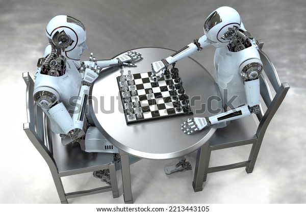 Humanoid robot playing\
chess, conceptual 3D illustration. Sicilian defence chess opening.\
Artificial intelligence, futuristic chess game. Chess computer\
training\
concept