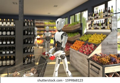 A Humanoid Robot With A Shopping Trolley Is Shopping At A Grocery Store. Future Concept With Robotics And Artificial Intelligence. 3D Rendering.