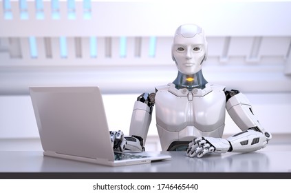 Humanoid robot sitting behind table. Head hunter. Office manager. 3D illustration