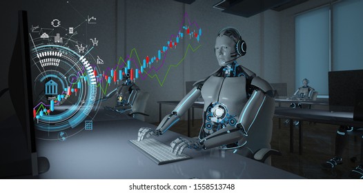 Humanoid robot as a stock trader sitting in front of a monitor with candle stick chart in an open-plan office. 3d illustration. 