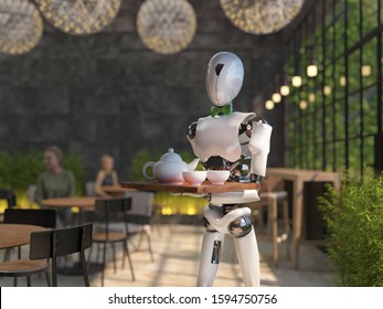 A Humanoid Robot Waiter Carries A Tray Of Food And Drinks In A Restaurant. Artificial Intelligence Replaces Maintenance Staff. The Concept Of The Future. 3D Rendering