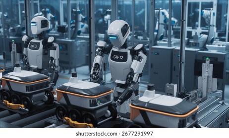 Humanoid Robots Operate on a High-Tech Assembly Line in a Factory, Constructing Compact Autonomous Delivery Units. AI-driven Factory with Next Generation Robotics and Manufacturing