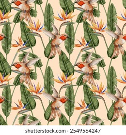 Hummingbird, strelitzia, and tropical leaves palm seamless pattern hand drawn. Watercolor illustration for textile, fabric, wallpaper, card, packaging, party. - Powered by Shutterstock