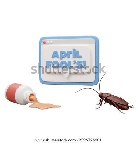 A humorous April Fool's setup featuring a spilled potion bottle, a realistic cockroach, and a cheerful message is featured here Making it perfect for holiday e-cards.