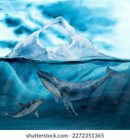 Humpback whale the background drifting ice in the ocean  Iceberg underwater view  Watercolor illustration  Arctic landscape 