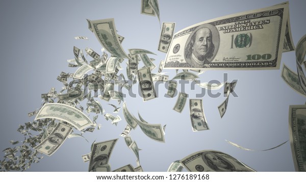 100ドル札 100米ドル札 グレイの背景に空中を飛ぶ紙幣 3dレンダリング のイラスト素材