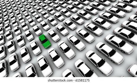 Hundreds of generic cars, one green - Powered by Shutterstock