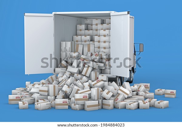 Hundreds of shipping packages or cartons\
fall out of a van - 3d\
illustration