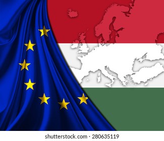 Hungary And European Union Flag With Europe Map Background