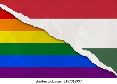 Hungary And Rainbow Flag Ripped Paper Grunge Background. Concept Of Conflict And LGBT Rights. Hungary Vs LGBT Community Metaphor. Tension And Crisis For Civil Right And Gay Pride