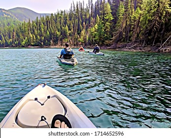 Hungry Horse Reservoir Montana kayaking lake group moving along edge - Powered by Shutterstock