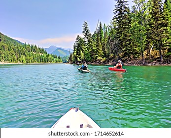 Hungry Horse Reservoir Montana kayaking lake group seeing mountain in distance - Powered by Shutterstock