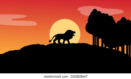 Hungry Lion moving towards jungle for searching of Food Silhouette illustration with sunset Background 