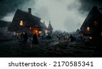 Hunted Village dark and foggy, dark village with heavy fog Halloween concept design, horror scary atmosphere of medieval style village during the black plague death  3d rendering